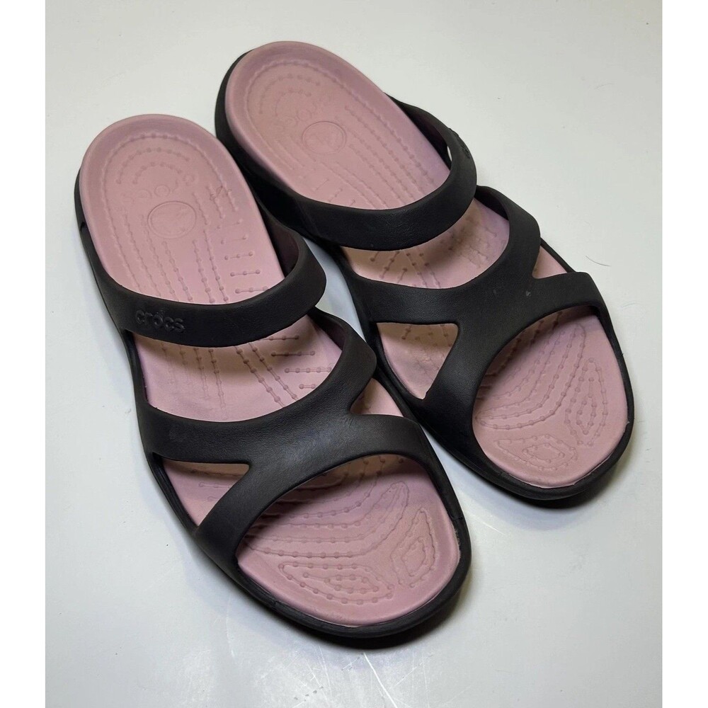 Crocs Slide Sandal Shoes Women's Size 10 Black Pink Strappy Comfort Casual